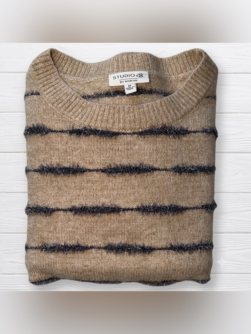 Studio B by Bobeau Tan Striped Sweater Eyelash Metallic Silver Trim Medium - Picture 2 of 8